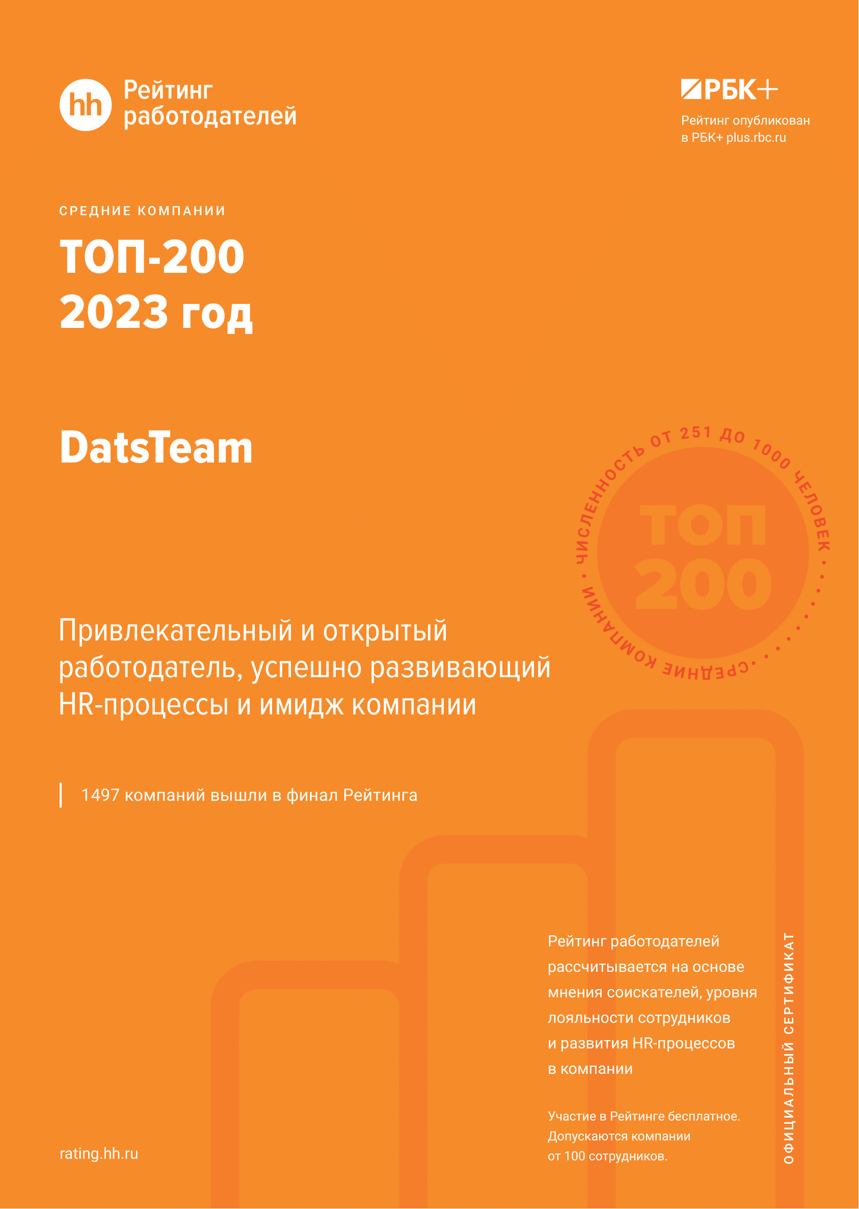 Сертификат «ТОП-200 в Рейтинге Работодателей России 2023 год»